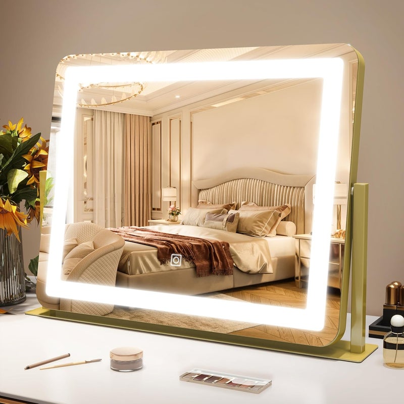 Gold Vanity Mirror Makeup Mirror with Lights, Large Lighted Vanity Mirror, Light Up Mirror with Smart Touch 3 Colors Dimmable, Tabletop Mirror for Makeup Desk, 360° Rotation, 22"x19"
