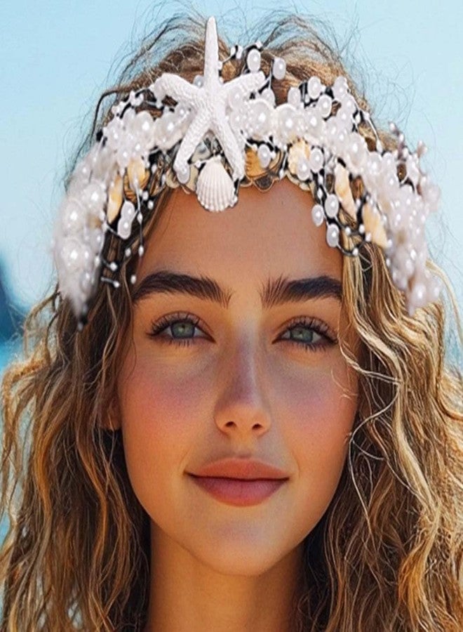 Unicra Pearl Bridal Headband Starfish Hair Vine Shell Headpiece Beach Wedding Hair Accessories for Women and Brides (White, Free Size) - Image 3