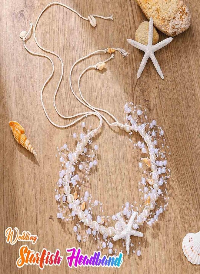 Unicra Pearl Bridal Headband Starfish Hair Vine Shell Headpiece Beach Wedding Hair Accessories for Women and Brides (White, Free Size) - Image 2
