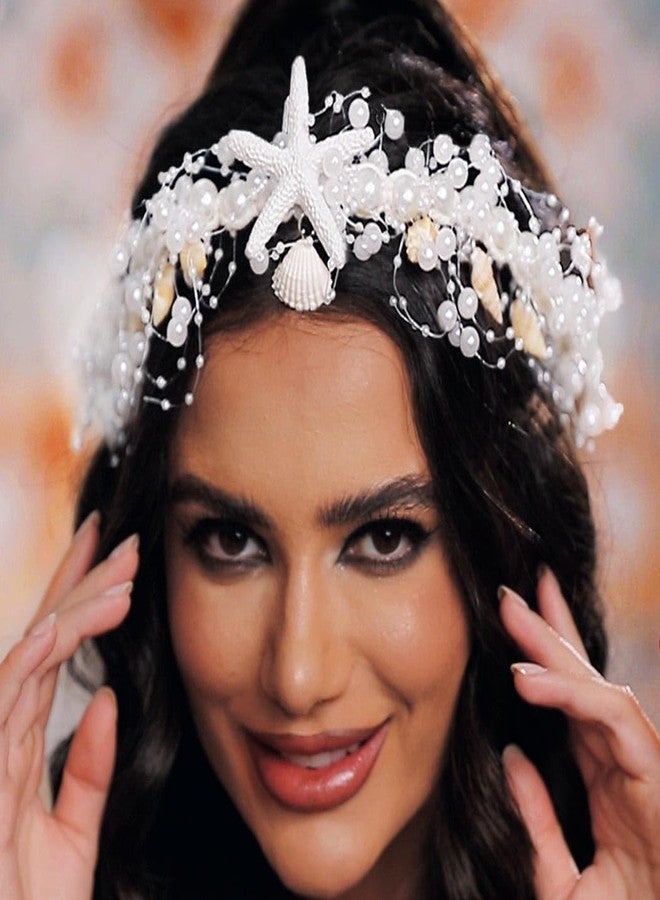 Unicra Pearl Bridal Headband Starfish Hair Vine Shell Headpiece Beach Wedding Hair Accessories for Women and Brides (White, Free Size) - Image 1