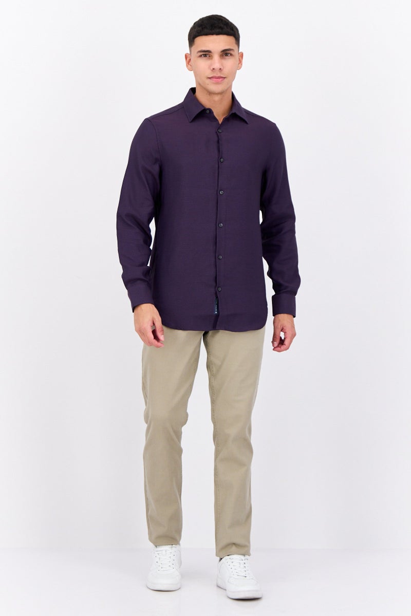 PERRY ELLIS قميص رجالي عادي بأكمام طويلة من جاكار، بنفسجي - Image 4