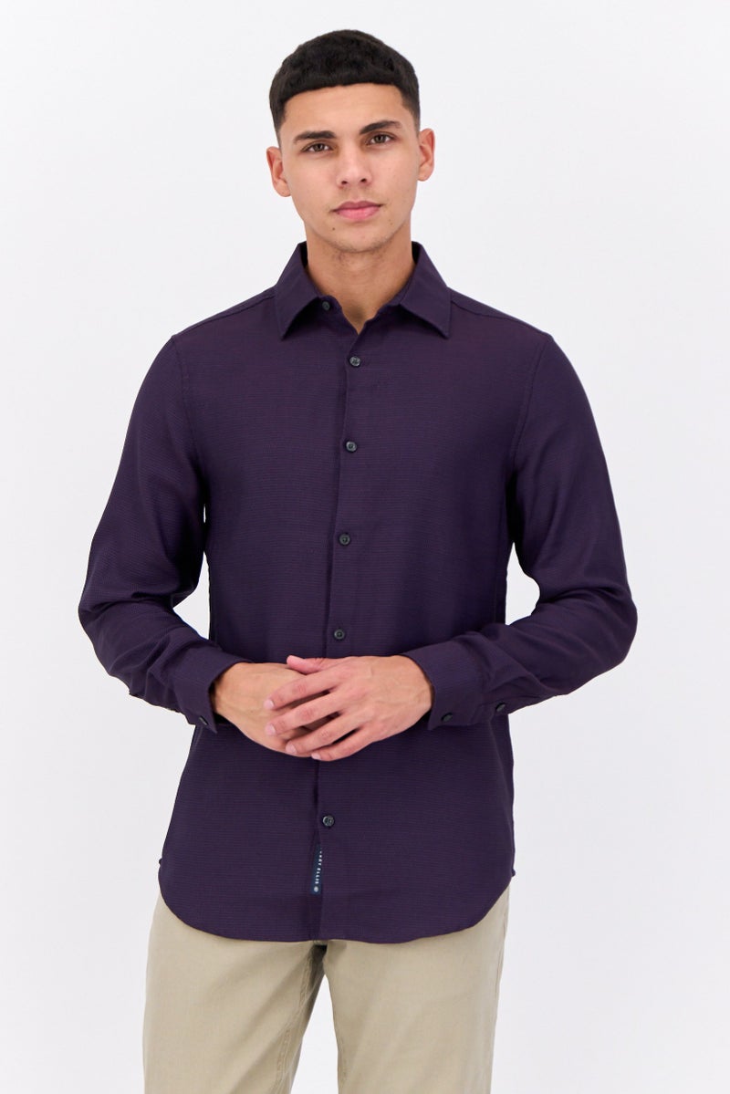 PERRY ELLIS قميص رجالي عادي بأكمام طويلة من جاكار، بنفسجي - Image 1