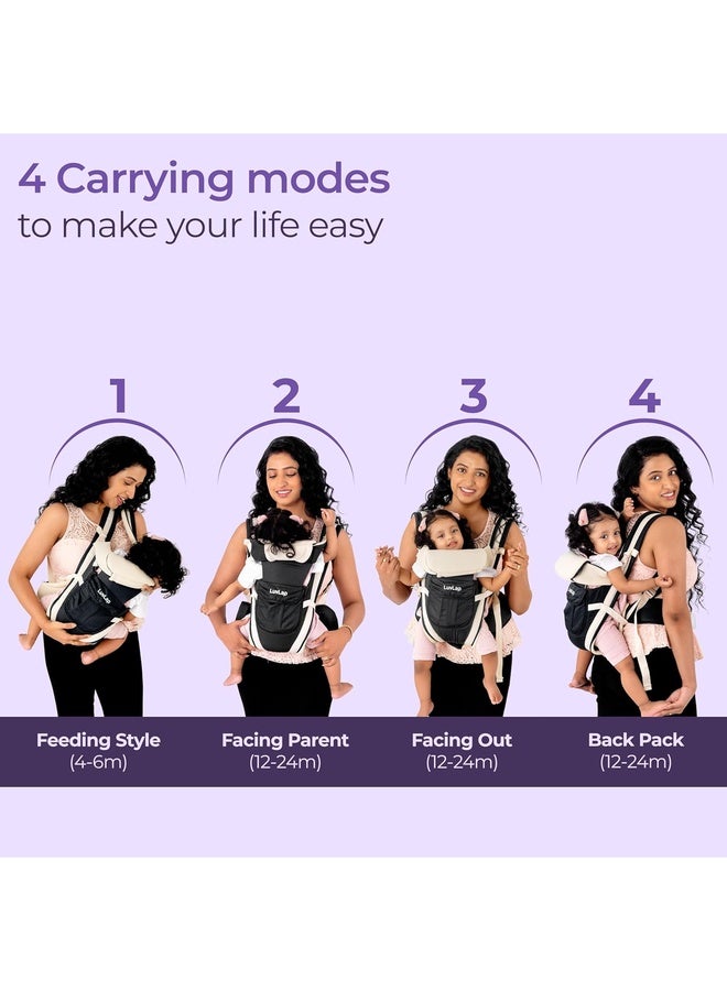 Luvlap Elegant Baby Carrier with 4 carry positions, lightweight & travel friendly, 4-24Month baby, Adjustable New-born to Toddler Carrier with cushioned leg support, Max weight 15Kg (Black) - Image 4