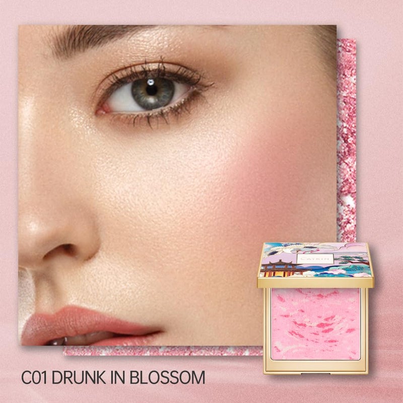 CATKIN Powder Blush for Cheek Blusher Natural Shimmering Blush & Highlight 2 in 1 Creamy Blendable Baked Blush Palette 10g C01 Drunk in Blossom - Image 2