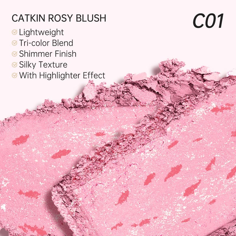 CATKIN Powder Blush for Cheek Blusher Natural Shimmering Blush & Highlight 2 in 1 Creamy Blendable Baked Blush Palette 10g C01 Drunk in Blossom - Image 5