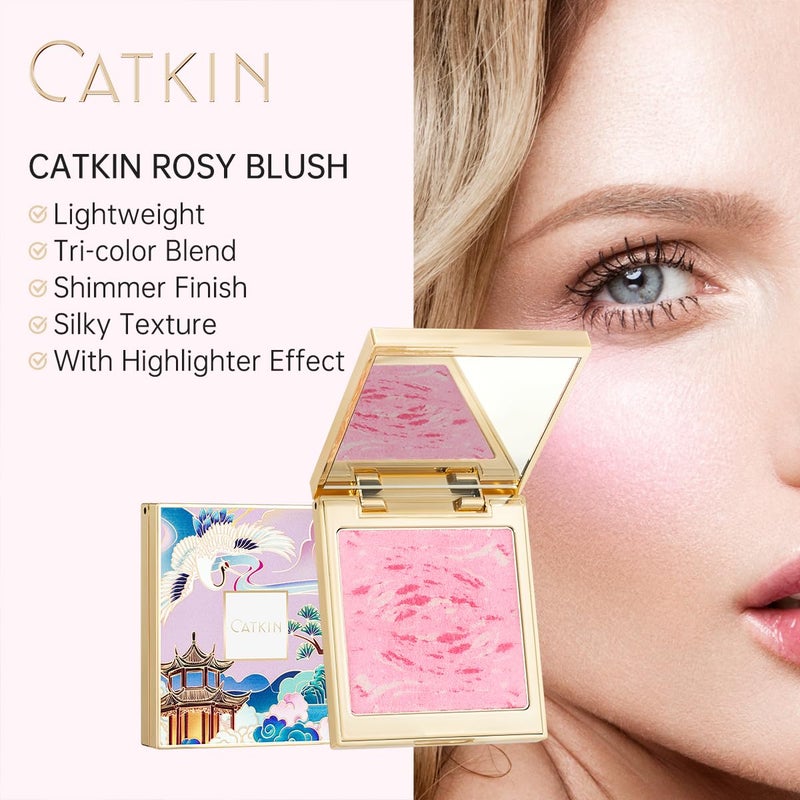CATKIN Powder Blush for Cheek Blusher Natural Shimmering Blush & Highlight 2 in 1 Creamy Blendable Baked Blush Palette 10g C01 Drunk in Blossom - Image 3