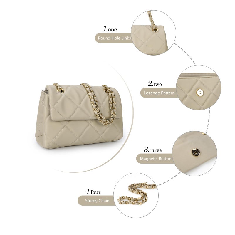 Gladdon Quilted Crossbody Purses for Women Small Ladies Shoulder Bags with Chain Trendy Clutch Purse Cute Designer Bag Beige II - Image 5