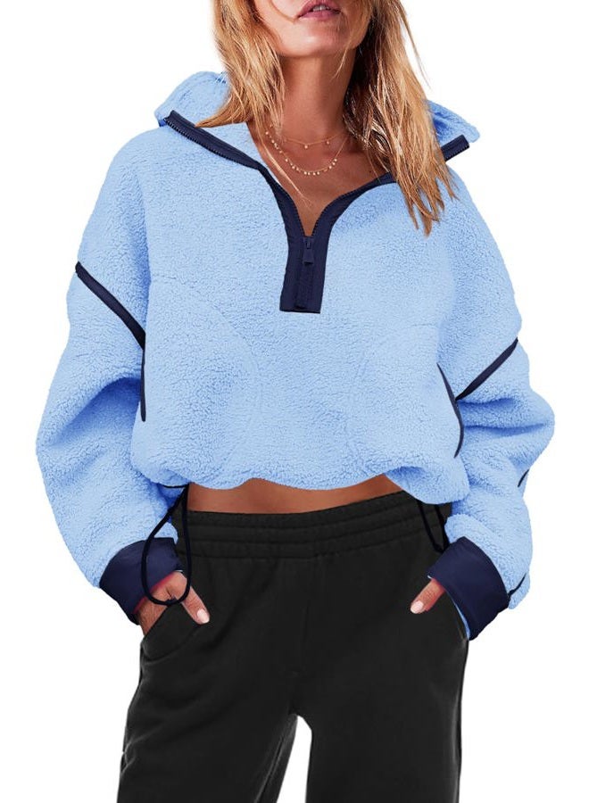 Panadila Womens Half Zip Sherpa Fleece Pullover Soft Oversized Sweatshirt with Pockets Warm Fuzzy Sweater, Peri Blue Combo, XL - Image 2
