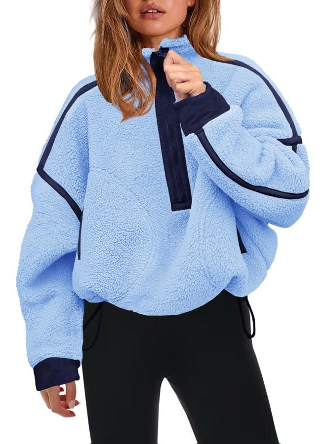 Panadila Womens Half Zip Sherpa Fleece Pullover Soft Oversized Sweatshirt with Pockets Warm Fuzzy Sweater, Peri Blue Combo, XL - Image 1