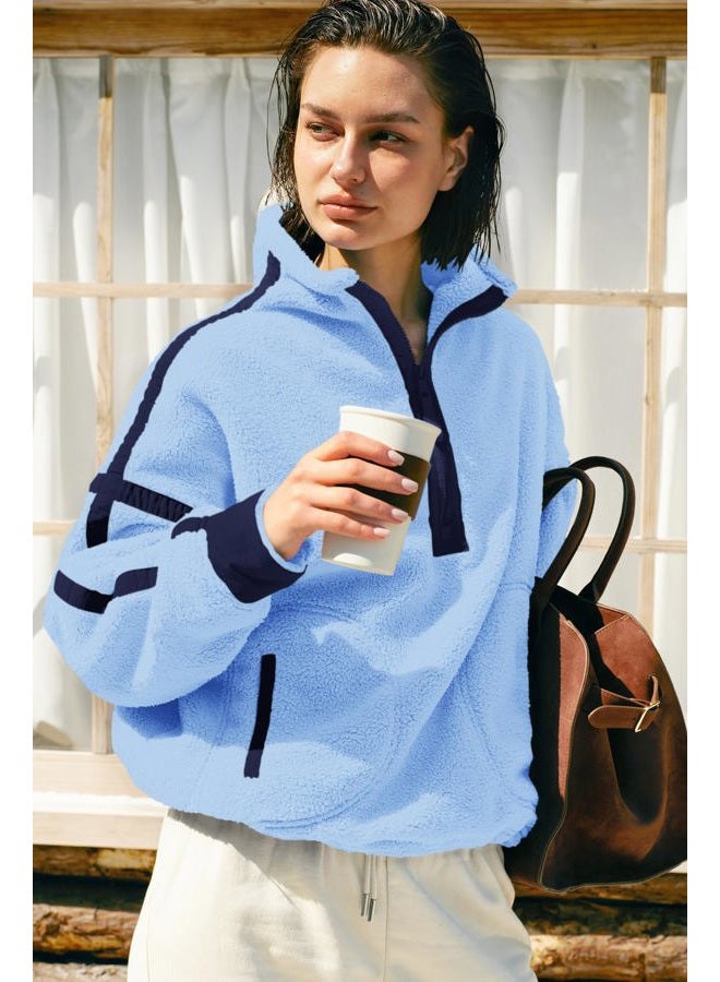 Panadila Womens Half Zip Sherpa Fleece Pullover Soft Oversized Sweatshirt with Pockets Warm Fuzzy Sweater, Peri Blue Combo, XL - Image 4