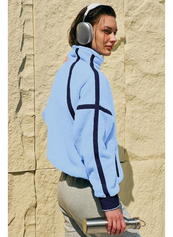 Panadila Womens Half Zip Sherpa Fleece Pullover Soft Oversized Sweatshirt with Pockets Warm Fuzzy Sweater, Peri Blue Combo, XL - Image 5