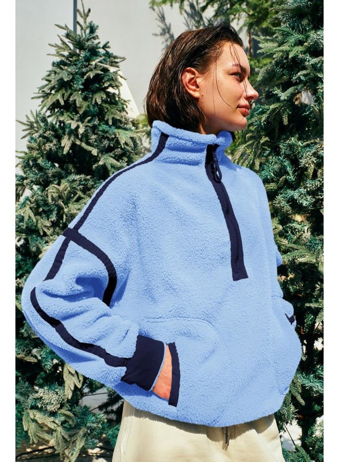 Panadila Womens Half Zip Sherpa Fleece Pullover Soft Oversized Sweatshirt with Pockets Warm Fuzzy Sweater, Peri Blue Combo, XL - Image 3