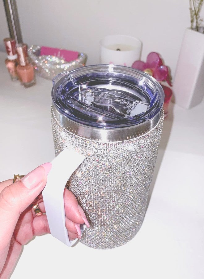 TISHAA Bling Dazzling Rhinestone Stylish 750 mL Vacuum Insulated Stainless Steel Travel Water Bottle Cup Thermos Mug with Handle Lid (White) - Image 3