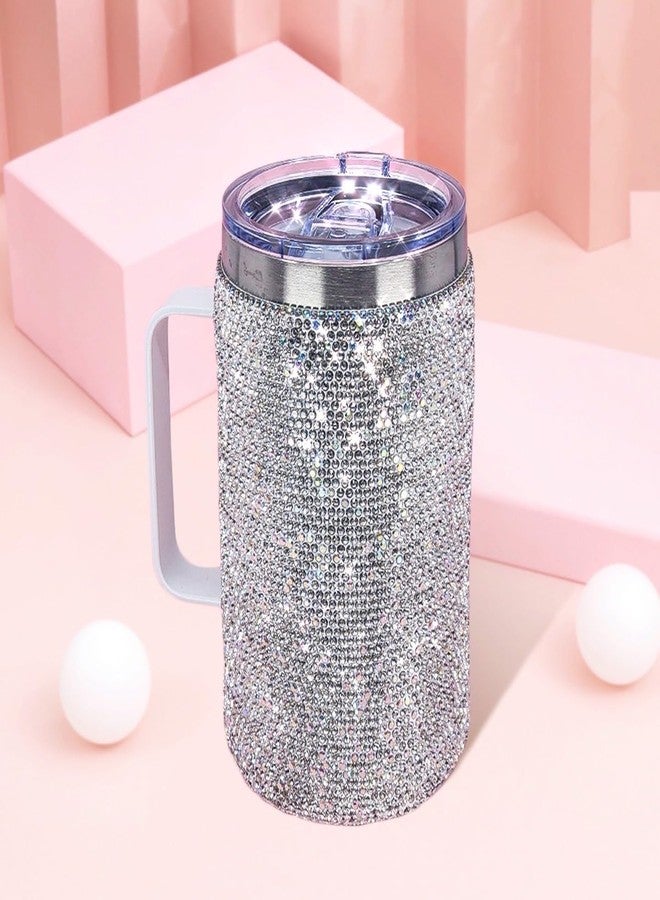 TISHAA Bling Dazzling Rhinestone Stylish 750 mL Vacuum Insulated Stainless Steel Travel Water Bottle Cup Thermos Mug with Handle Lid (White) - Image 1