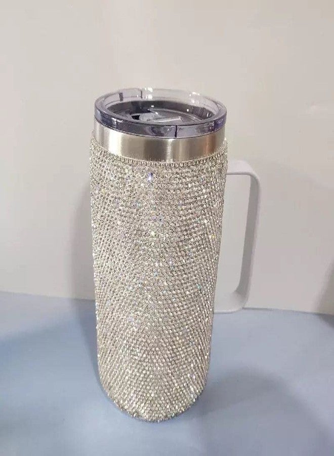 TISHAA Bling Dazzling Rhinestone Stylish 750 mL Vacuum Insulated Stainless Steel Travel Water Bottle Cup Thermos Mug with Handle Lid (White) - Image 4