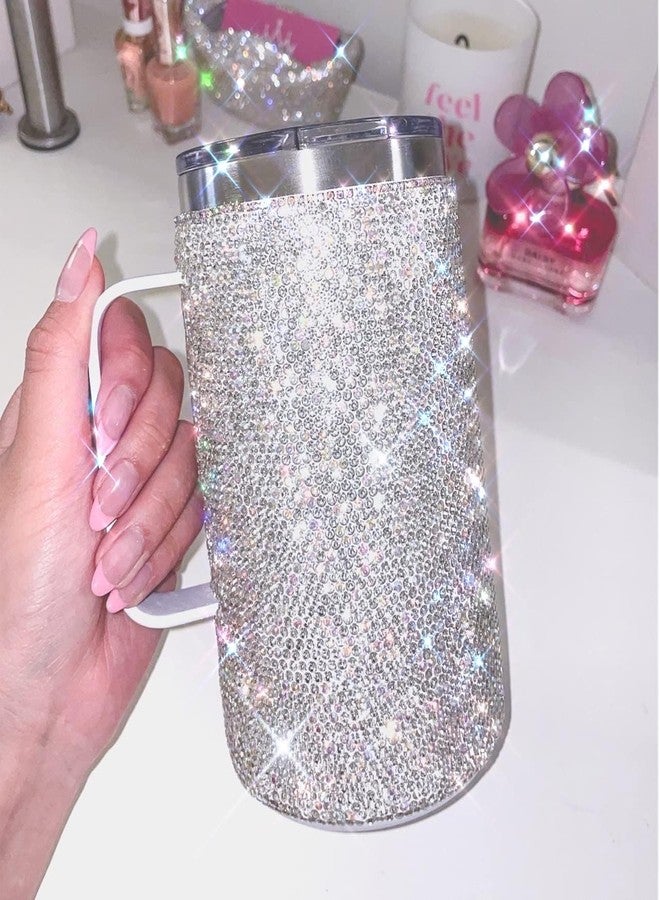 TISHAA Bling Dazzling Rhinestone Stylish 750 mL Vacuum Insulated Stainless Steel Travel Water Bottle Cup Thermos Mug with Handle Lid (White) - Image 2