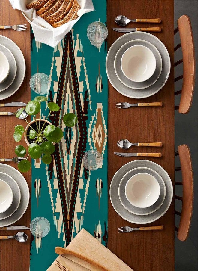 PIEPLE Southwest Aztecs Table Runner-Cotton Linen- 72 Inch Holiday Dresser Scarves, Native American Teal Green Brown Boho Tablerunner for Kitchen Coffee/Dining Bedroom Living Room Dinner Scarf Décor 13x72 - Image 2