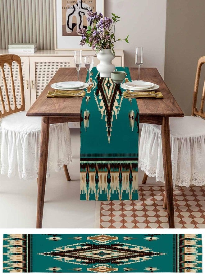 PIEPLE Southwest Aztecs Table Runner-Cotton Linen- 72 Inch Holiday Dresser Scarves, Native American Teal Green Brown Boho Tablerunner for Kitchen Coffee/Dining Bedroom Living Room Dinner Scarf Décor 13x72 - Image 3