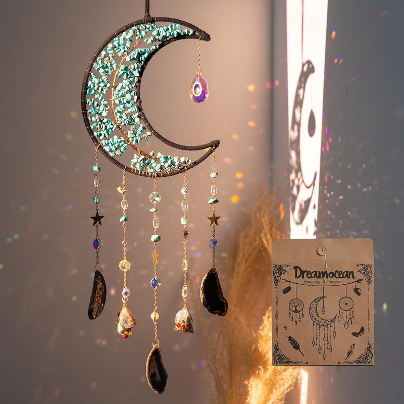 Dreamocean أجراس الرياح الكريستالية، Dreamocean شجرة القمر شجرة الحياة ماسك الأحلام ماسكات الشمس الكريستالية للنوافذ معلقة منشور صانع قوس قزح هدايا للبالغين ديكور غرفة الفتاة - Image 1