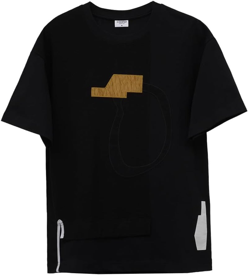 CEDRO تي شيرت قطن رجالي كبير الحجم بتصميم جرافيكي باللون الأسود - Image 1