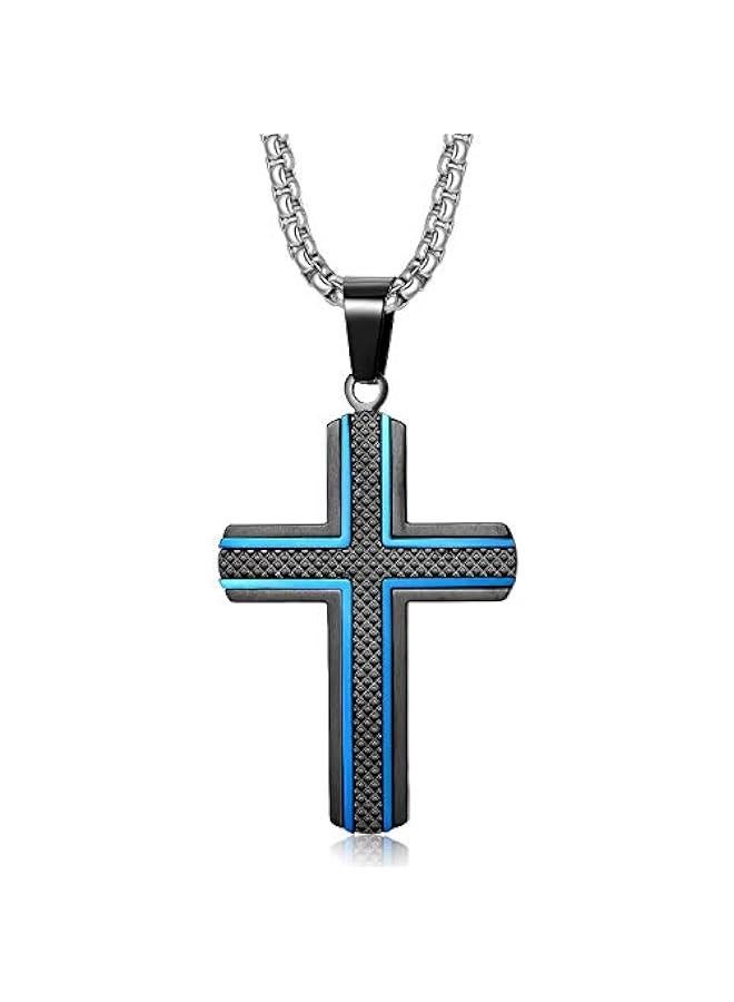 Arabest Men's Stainless Steel Cross Necklace,Two-Tone Black & Blue Carbon Fiber Pendant - Included Gift Box - Image 1