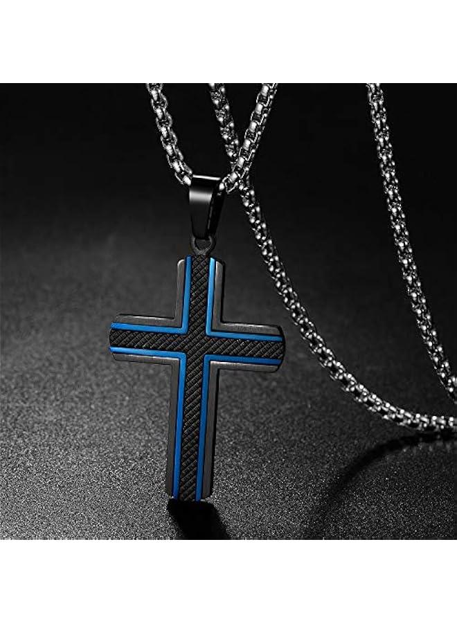 Arabest Men's Stainless Steel Cross Necklace,Two-Tone Black & Blue Carbon Fiber Pendant - Included Gift Box - Image 2