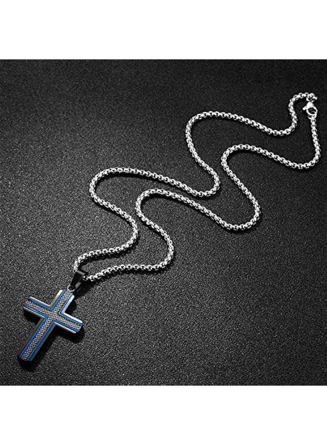 Arabest Men's Stainless Steel Cross Necklace,Two-Tone Black & Blue Carbon Fiber Pendant - Included Gift Box - Image 3