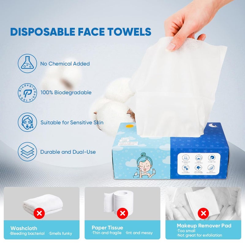 Orighty Disposable Face Towel, Biodegradable Clean Facial Towels, Super Soft Makeup Remover Wipes, Absorbent Facial Wash Cloth for Makeup Removing, Facial Cleansing, Nursing, Outdoor, 100 ct, 1 pack - Image 2