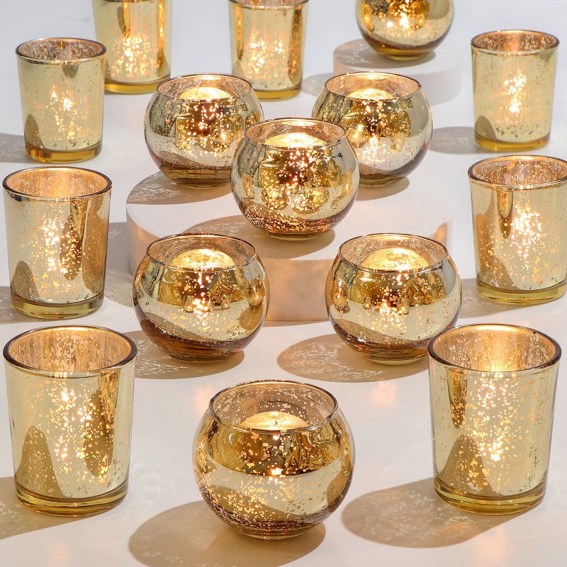DEVI 24pcs Assorted Gold Votive Candle Holders, Mercury Glass Candle Holder, Diwali Decorations, Gold Wedding Centerpieces for Tables, Bridal Shower Party Table Decorations - Image 1