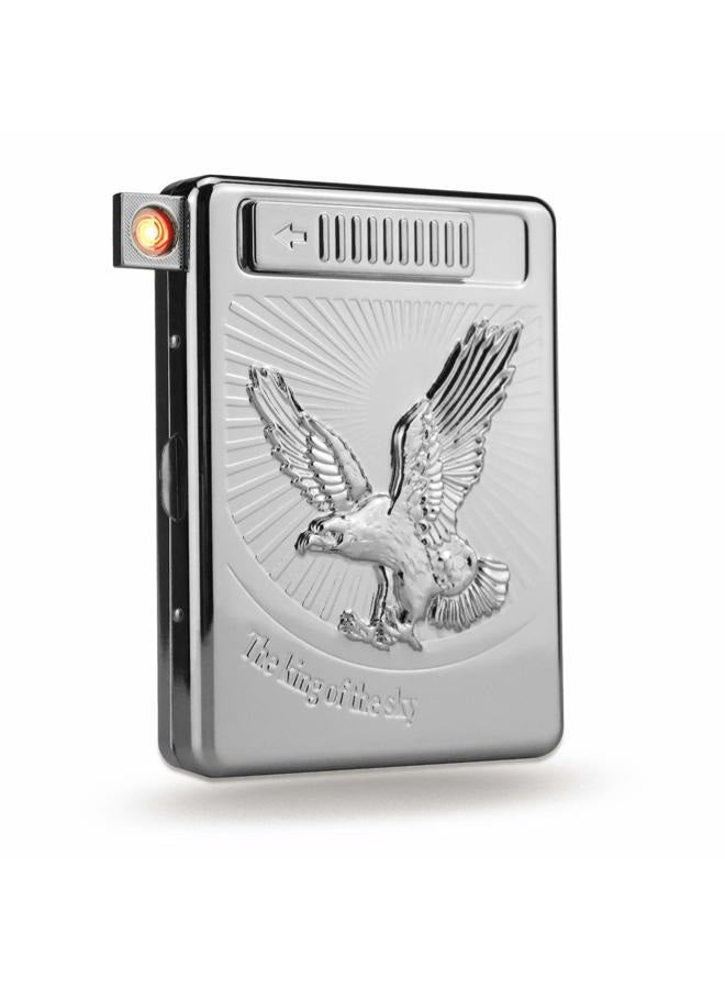 MENG ZHI AO 20 Pcs Metal Cigarette Case Lighter with Arc Lighter, Windproof, Flameless, USB Rechargeable (Silver) - Image 1