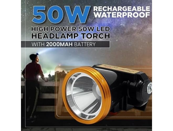 Flysmart مصباح رأس LED ثقيل الوزن يعمل ببطارية 50 واط - كشاف بعيد المدى وعالي الكثافة للاستخدام الخارجي والمهني - Image 2