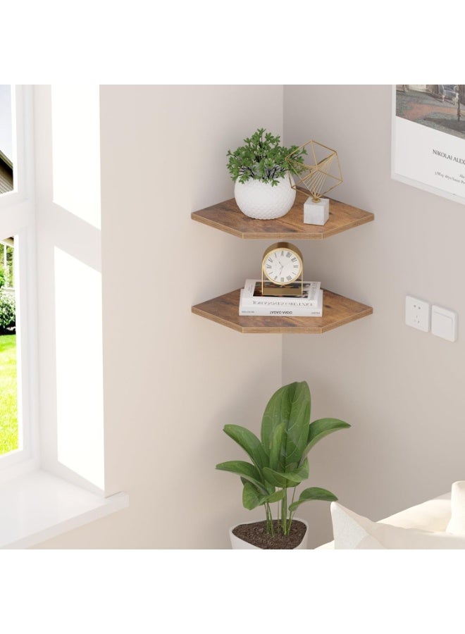 رف حائطي زاوي، رفوف زاوية خشبية 10.4 بوصة، مجموعة من 2 رف شناور لتخزين الحائط، رفوف زاوية مثبتة على الحائط لتزيين الغرفة، بني صدئ - Image 2