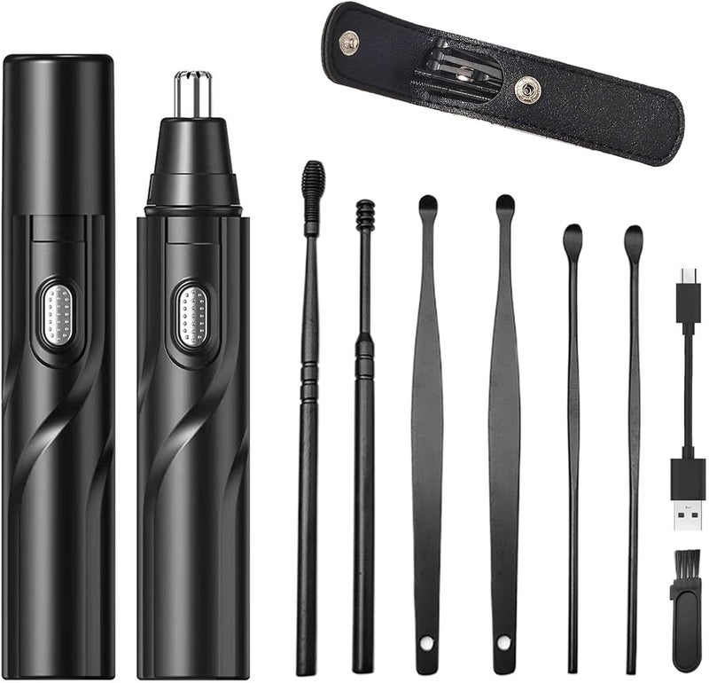 Ear and Nose Hair Trimmer Clipper Electric Nose Ear Hair Trimmer Rechargeable with 6 Pieces Earpick Trimming Nose Hair Painless Removal Nose Hair Speed Rotation Motor Nose Hair Clipper Black