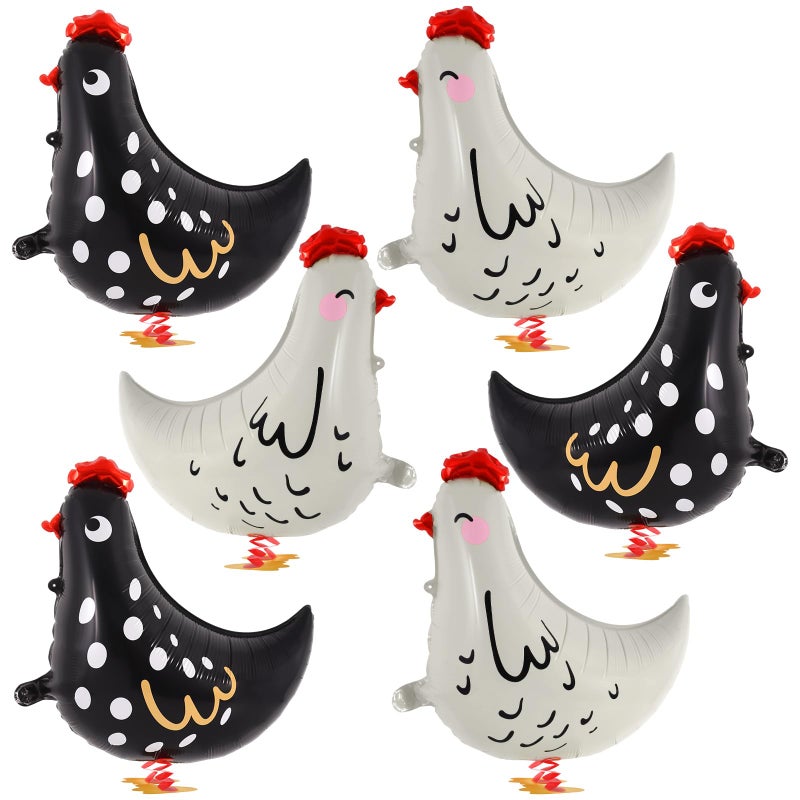 KINYFY 6 PCS Walking Chicken Balloons Aluminum Foil Chicken Party Decorations White and Black Chicken Walking Balloons for Birthday Baby Shower Farm Animal Theme Party 20 Inch - Image 2