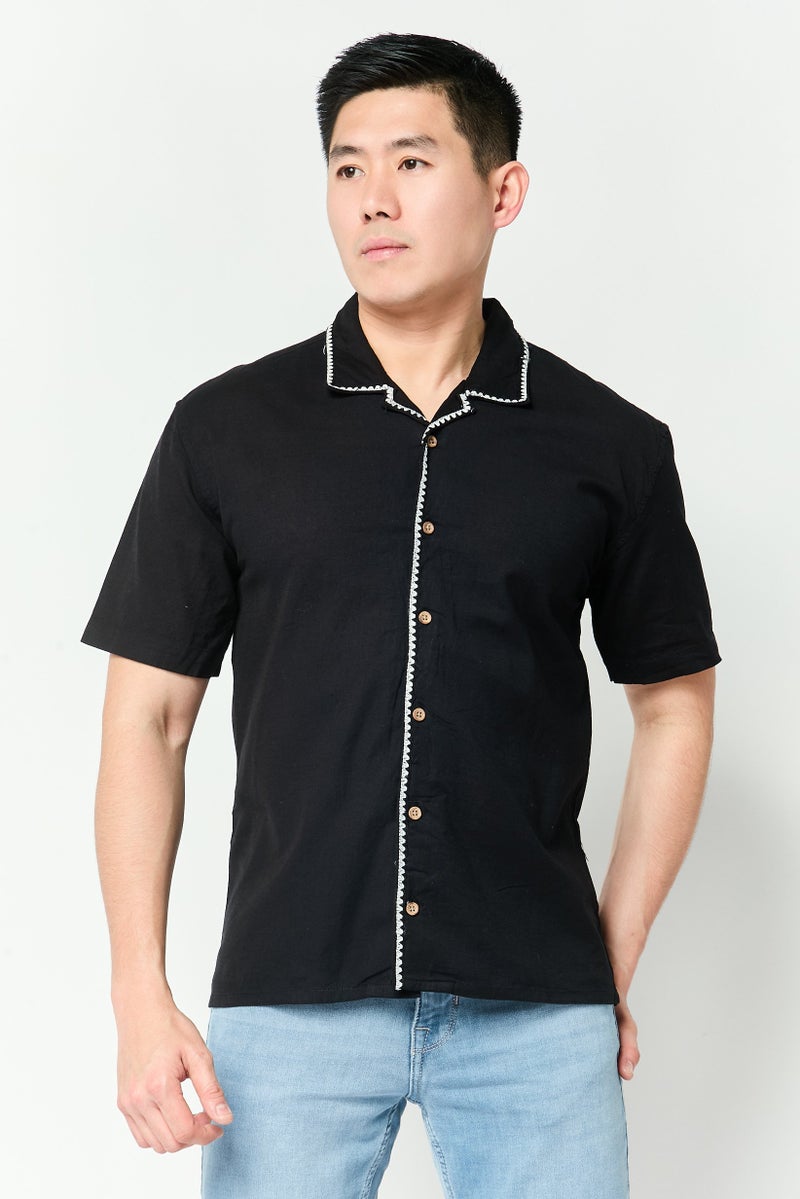 Threadbare Men Relaxed Fit Short Sleeve Textured Casual Shirt, Black - Image 1