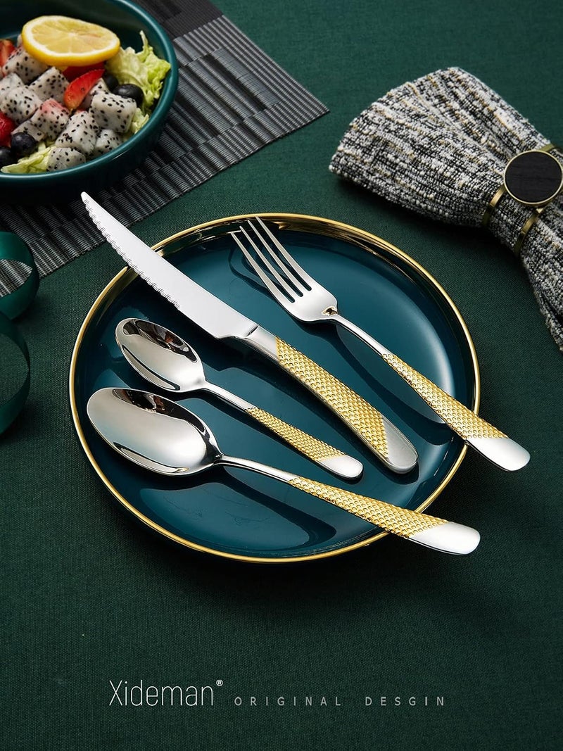 Xideman 4Piece Modern Hammered Silver Gold Silverware Set with Ultra Sharp 2IN1 Serrated Knive Golden 1810 Stainless Steel Flatware Set Service for 1 Luxury Cutlery Set Knives Forks Spoons Set - Image 2