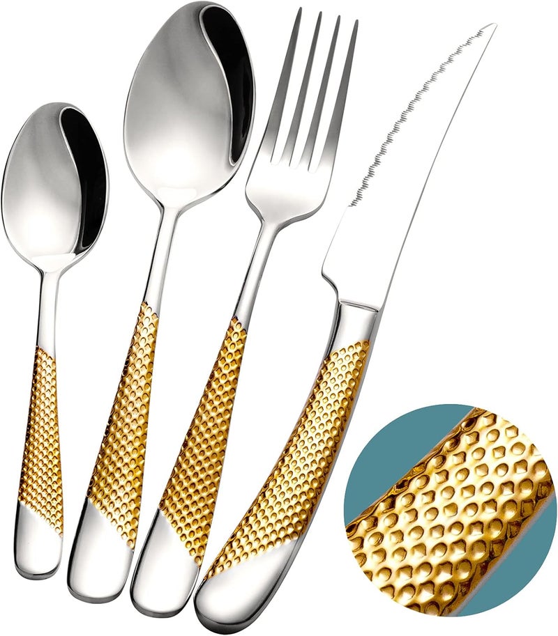 Xideman 4Piece Modern Hammered Silver Gold Silverware Set with Ultra Sharp 2IN1 Serrated Knive Golden 1810 Stainless Steel Flatware Set Service for 1 Luxury Cutlery Set Knives Forks Spoons Set - Image 1