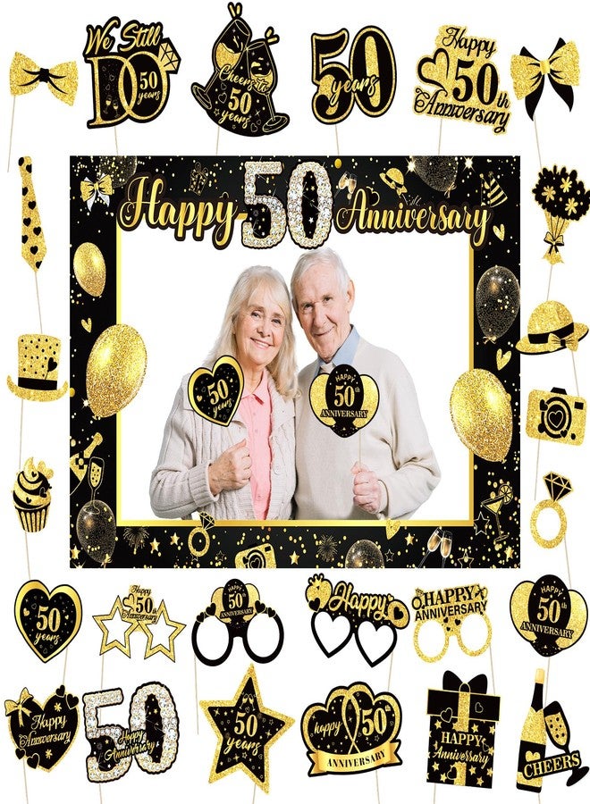 Woosytoo 50th Wedding Anniversary Decorations Black Gold 50th Wedding Anniversary Party Photo Booth Props and Selfie Frame Silver Happy 50 Years Anniversaries Party Supplies for Women Men Cheers to 50 Years - Image 1