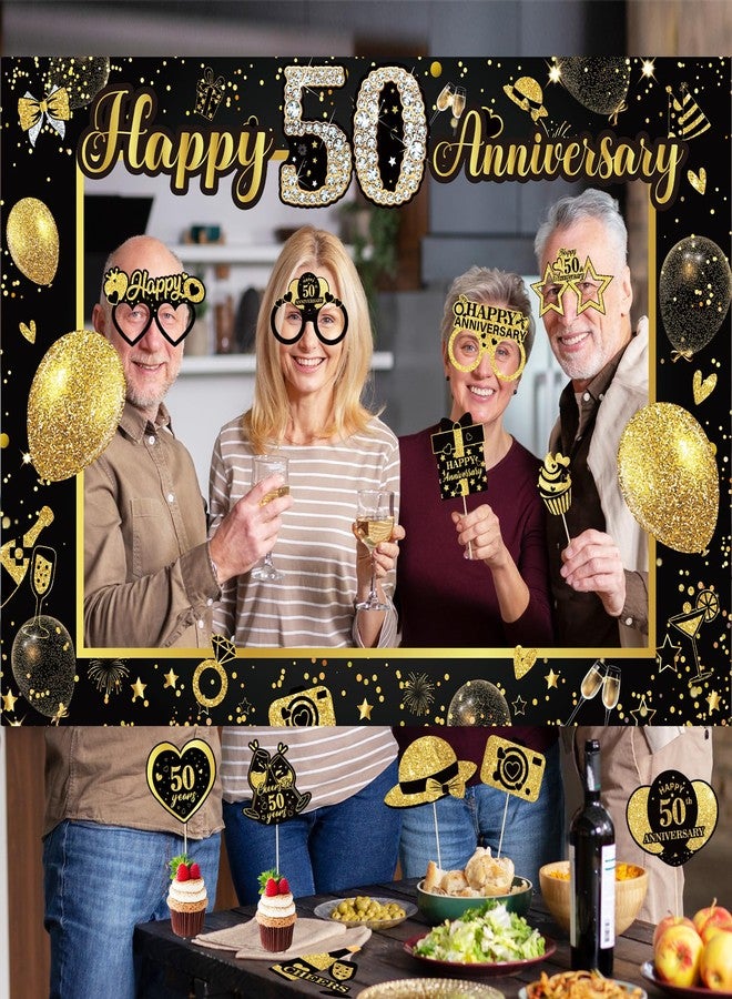 Woosytoo 50th Wedding Anniversary Decorations Black Gold 50th Wedding Anniversary Party Photo Booth Props and Selfie Frame Silver Happy 50 Years Anniversaries Party Supplies for Women Men Cheers to 50 Years - Image 4