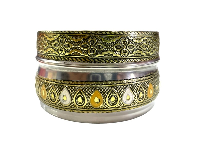 CRAFTS WORLD Handicraft Stainless Steel Dabba Container Meenakari Rajwadi Decorative Oxidized Storage BoxChapati Roti Box for Serving Dryfruit Chocolate And MukwasMarriage Gift Pack Of 12 - Image 2