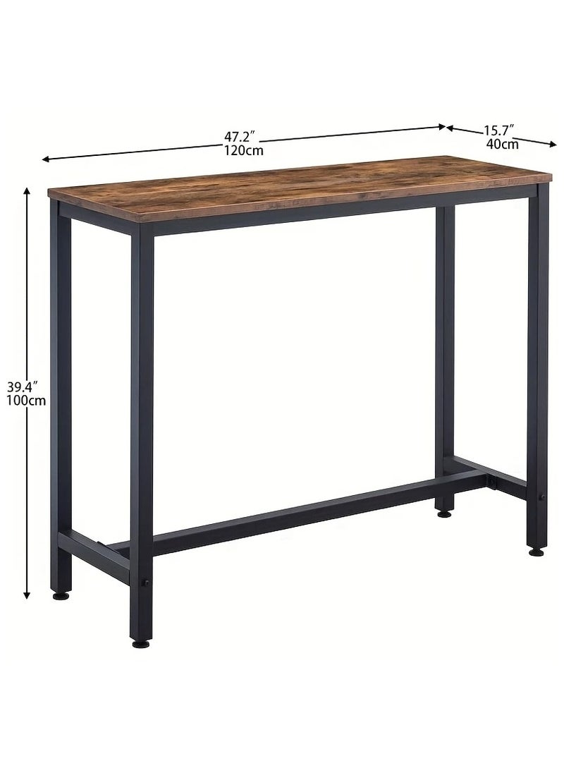 3-piece dining table set, consisting of one high table and two high chairs. It is a high-height kitchen table with seats in a modern and contemporary design and a steel frame. It is placed in the kitchen, dining room, living areas, and social areas. It is a rustic brown color with a black metal frame. It is durable and can be used in the kitchen, living room, dining room, or office. You can use the table as a coffee corner, a work desk, an entrance console, behind the sofa, or as a buffet for appetizers and drinks when needed. The chairs can be used during occasions as additional chairs or as a corner table. In some corners, vases or plant pots can be placed on it. The seat is round and has a soft texture that is not scratched. The chair has comfortable footrests when sitting on it. These details and design touches make you sit more comfortably. Easy to assemble and assemble