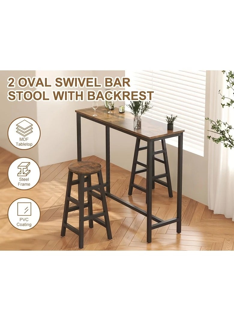 3-piece dining table set, consisting of one high table and two high chairs. It is a high-height kitchen table with seats in a modern and contemporary design and a steel frame. It is placed in the kitchen, dining room, living areas, and social areas. It is a rustic brown color with a black metal frame. It is durable and can be used in the kitchen, living room, dining room, or office. You can use the table as a coffee corner, a work desk, an entrance console, behind the sofa, or as a buffet for appetizers and drinks when needed. The chairs can be used during occasions as additional chairs or as a corner table. In some corners, vases or plant pots can be placed on it. The seat is round and has a soft texture that is not scratched. The chair has comfortable footrests when sitting on it. These details and design touches make you sit more comfortably. Easy to assemble and assemble