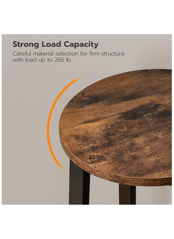 3-piece dining table set, consisting of one high table and two high chairs. It is a high-height kitchen table with seats in a modern and contemporary design and a steel frame. It is placed in the kitchen, dining room, living areas, and social areas. It is a rustic brown color with a black metal frame. It is durable and can be used in the kitchen, living room, dining room, or office. You can use the table as a coffee corner, a work desk, an entrance console, behind the sofa, or as a buffet for appetizers and drinks when needed. The chairs can be used during occasions as additional chairs or as a corner table. In some corners, vases or plant pots can be placed on it. The seat is round and has a soft texture that is not scratched. The chair has comfortable footrests when sitting on it. These details and design touches make you sit more comfortably. Easy to assemble and assemble