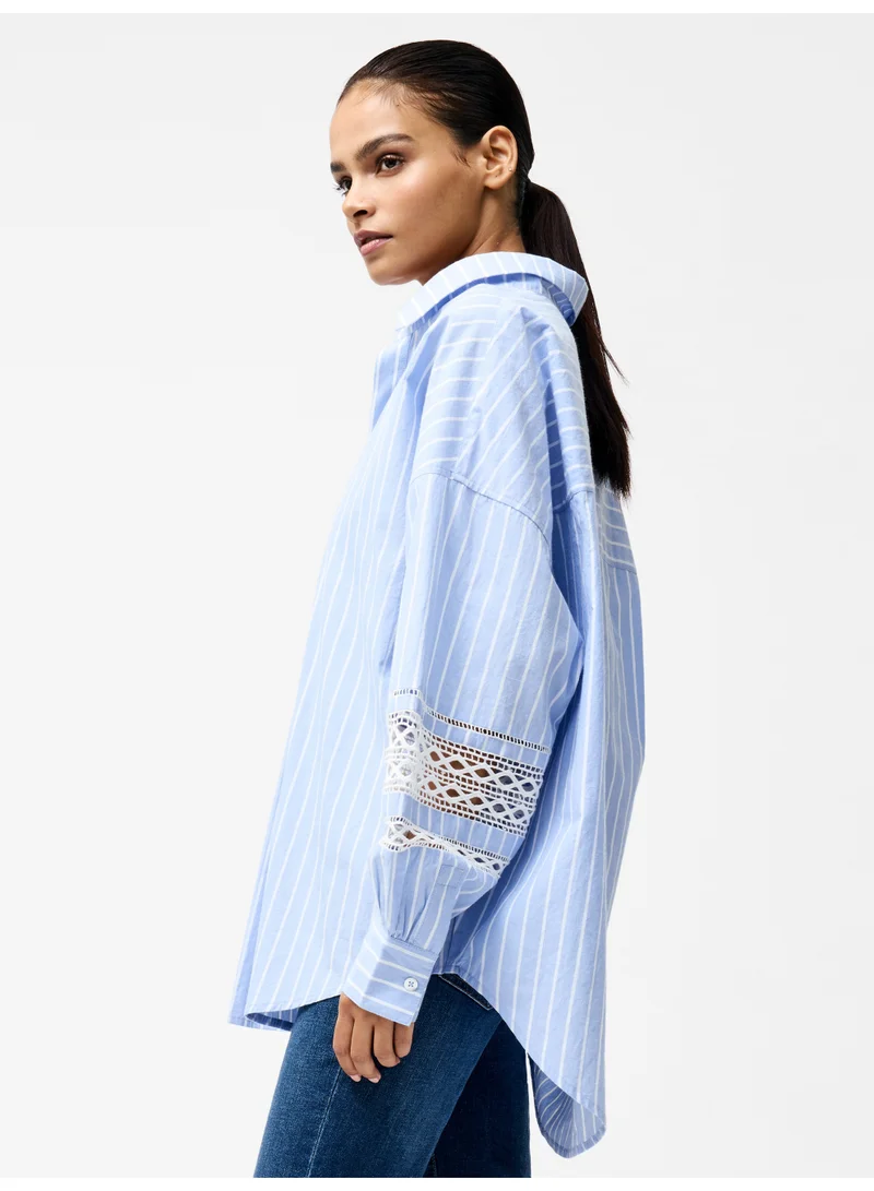 French Connection Cambria Cotton Stripe Embroidered Popover Shirt