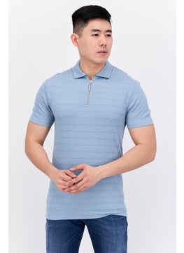 Asos Design Men Regular Fit Short Sleeve Textured Polo Shirt, Blue  - Image 1