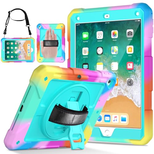 LTROP Protective Cover Case for iPad 6th/ 5th Generation & iPad Air 2 Case, iPad 9.7 Inch Case with Shoulder Strap Pen Holder Swivel Stand, Aqua Teal - Image 1