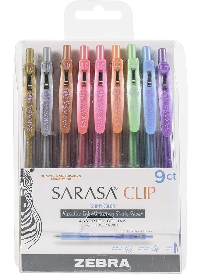 ZEBRA Pen Sarasa Clip Retractable Gel Pen Bold Point 1.0Mm Shiny Assorted Colors 9 Pack - Image 1