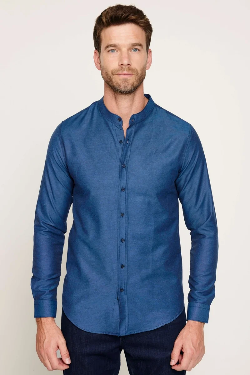 Tudors Slim Fit Narrow Cut Collar Navy Blue Men's Shirt