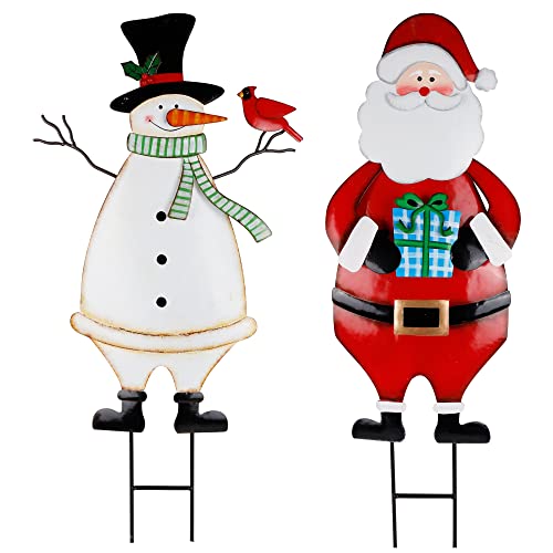 Hausse 2 Pack Christmas Garden Metal Stakes 315 Inch Decorative Snowman and Santa Claus Xmas Yard Signs for Outdoor Decorations Holiday New Year Home Decor for Lawn Pathway Patio