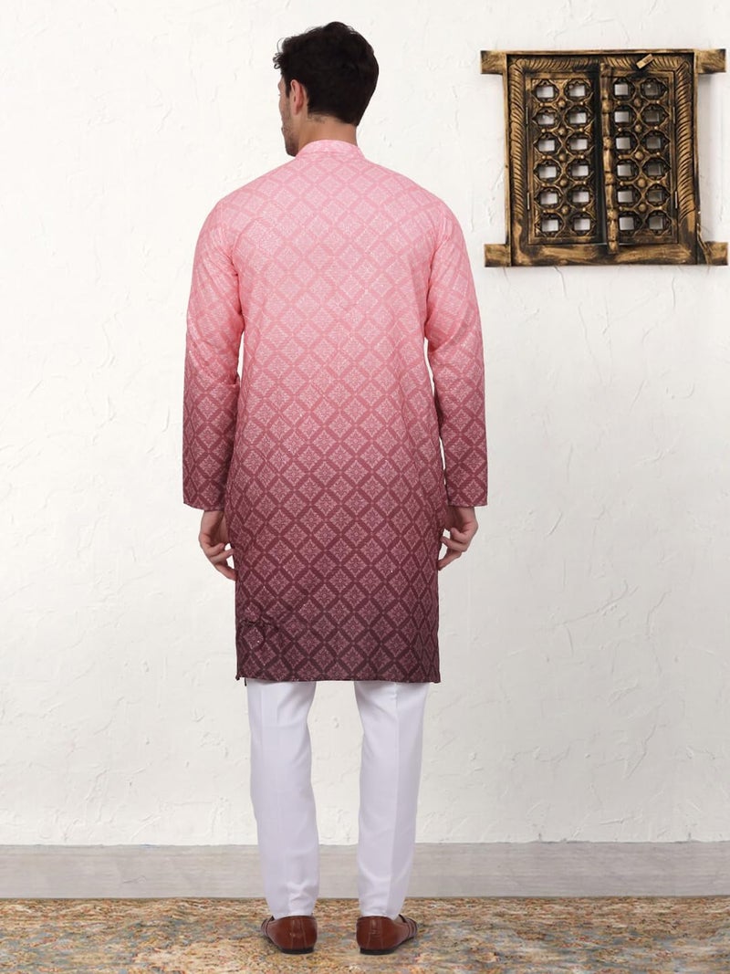 Jompers Men's Coral Ombre Printed Kurta Pyjama Set (Coral, M) - Image 2